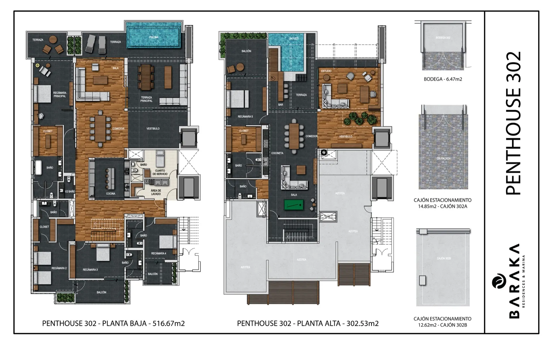 Planos arquitectónicos del Penthouse 302, plantas baja y alta